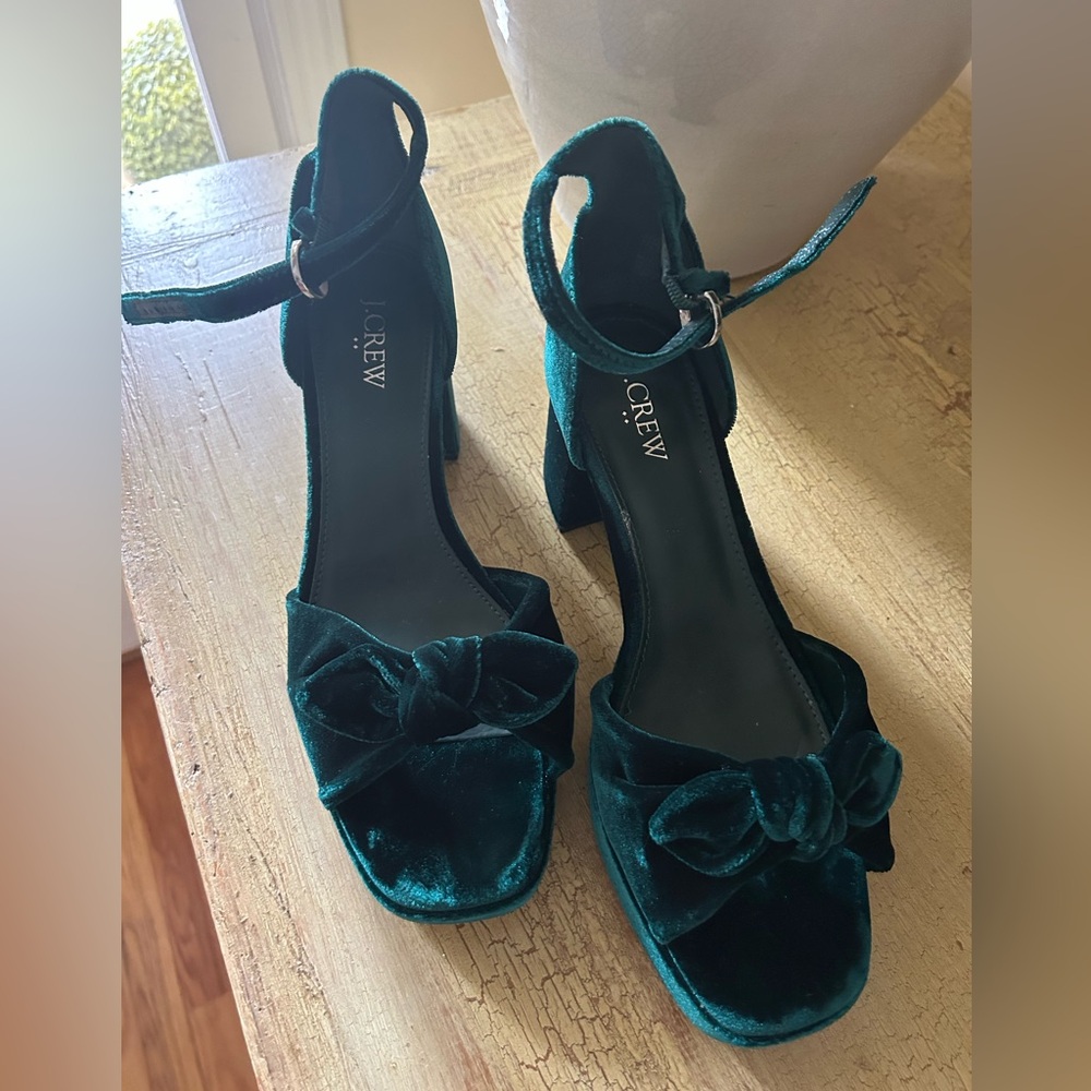 J. Crew Dark Green Velvet Heeled Sandals size 9